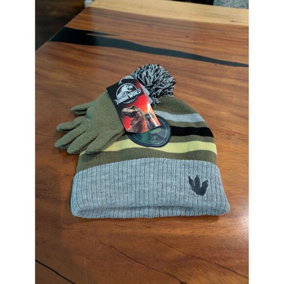 Jurassic World Kids Hat & Glove Set Olive Gray T-Rex Patch Striped Knit Pom NWT - Picture 3 of 4